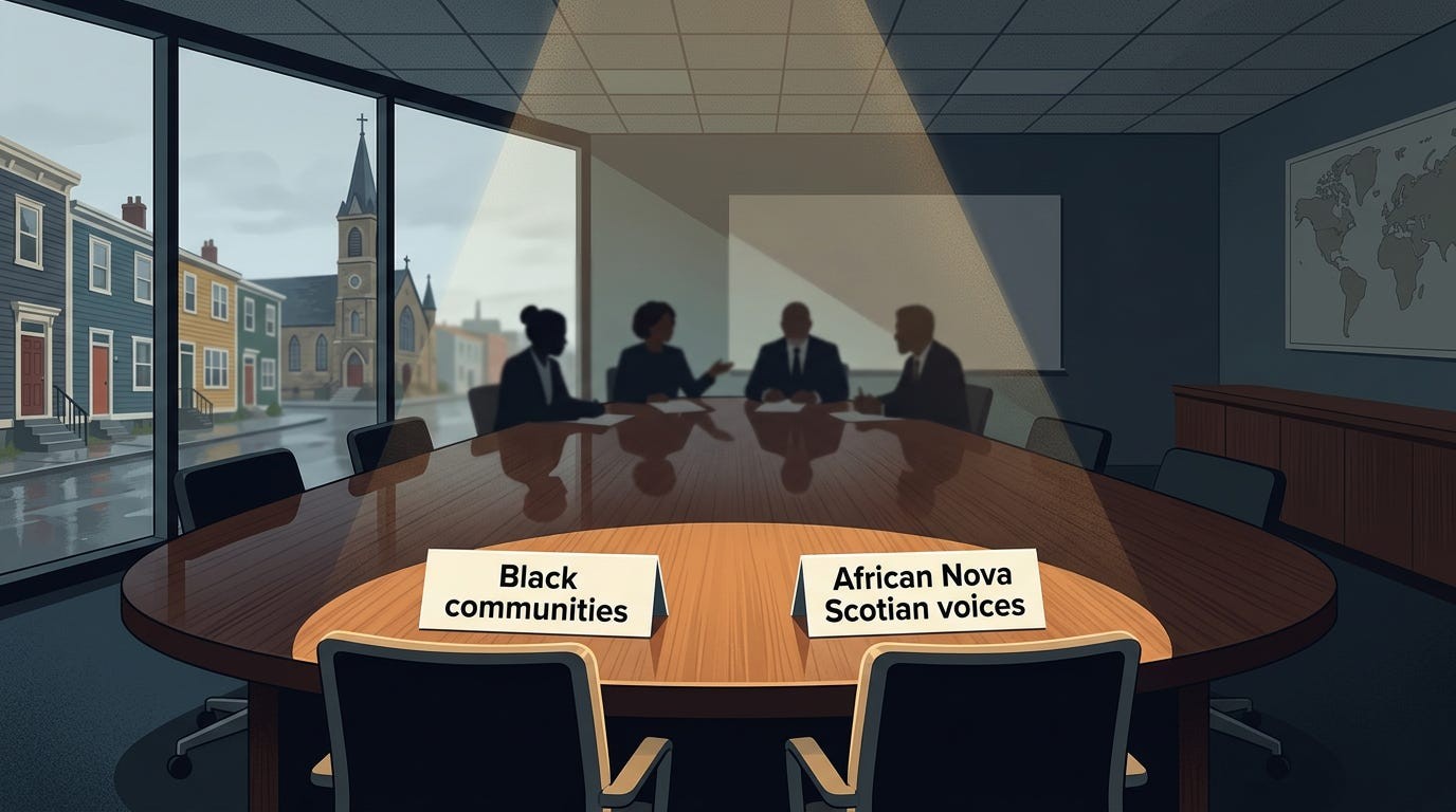 Graphic for Empty Chairs at Canada’s “Inclusion” Table for black people.