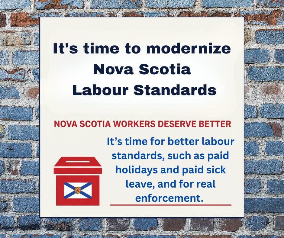 Graphic for This Natal Day weekend, many Nova Scotia workers will be working, or losing a day’s pay, because our Labour Standards leave them behind.
